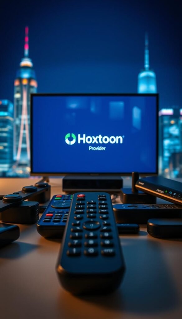 A sleek, modern android device prominently displays the "Hoxtoon Provider" logo on its screen, showcasing the seamless integration of the IPTV service. In the foreground, an array of remote controls and streaming devices are artfully arranged, highlighting the versatility of the Hoxtoon platform. The middle ground features a clean, minimalist interface with intuitive navigation, showcasing the user-friendly experience. The background depicts a vibrant, neon-lit cityscape, conveying the cutting-edge technology and global reach of the Hoxtoon IPTV service. Subtle lighting and depth of field create a visually striking and professional-looking composition.