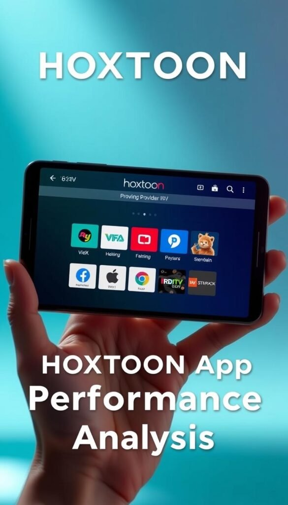 A sleek, modern android mobile device displaying the Hoxtoon Provider IPTV app, showcasing its high-speed performance capabilities. The device is held in a minimalist hand pose, highlighting the app's intuitive interface and user-friendly design. The background features a clean, elegant gradient in shades of blue and teal, creating a professional, tech-forward atmosphere. Subtle lighting from the top-left illuminates the device, casting gentle shadows that accentuate the app's visuals. The overall composition exudes a sense of efficiency, reliability, and advanced technology, perfectly capturing the essence of the "HOXTOON App Performance Analysis" section.