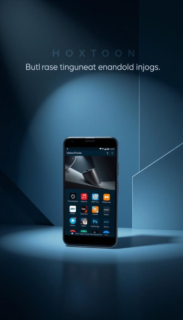 A sleek, modern android smartphone screen displaying the Hoxtoon Provider IPTV app's elegant and intuitive user interface. The screen is showcased against a sophisticated backdrop of abstract geometric shapes and gradients in calming shades of blue and gray, conveying a sense of technological sophistication. Soft, directional lighting from the top left casts subtle shadows, adding depth and dimension to the scene. The overall impression is one of a high-quality, premium IPTV service tailored specifically for the Android platform.