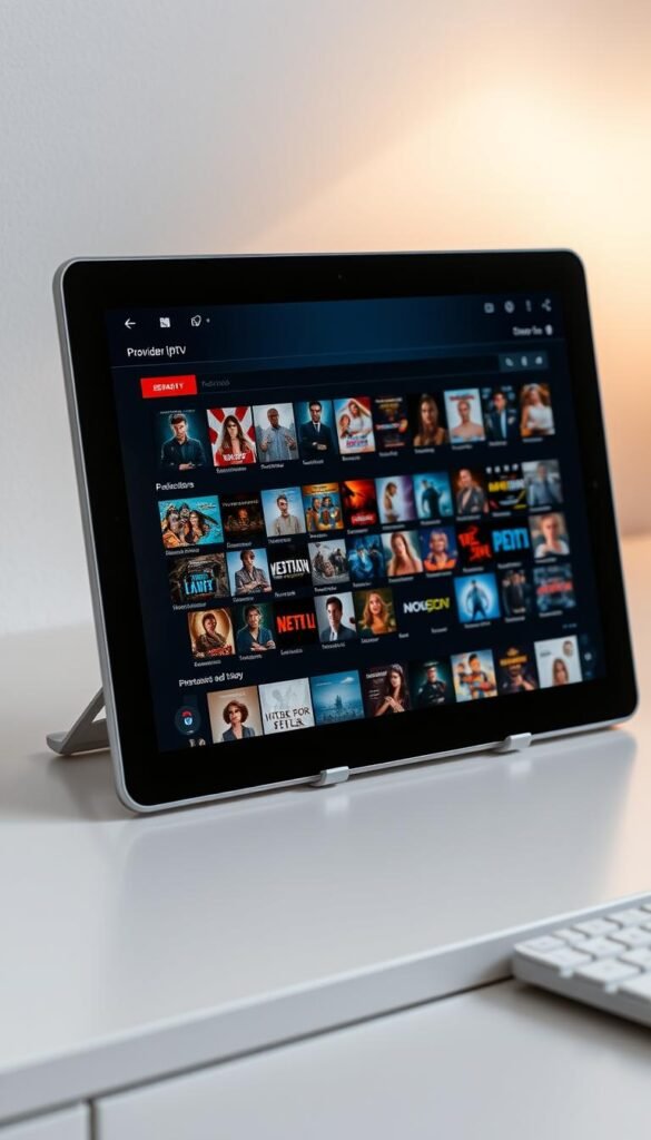 A sleek, modern android tablet displaying the Hoxtoon Provider IPTV service. The tablet is placed on a clean, minimalist desk, with a soft, diffused lighting highlighting the tablet's display. The display showcases a vast library of over 150,000 movies and TV shows, with high-quality thumbnails and intuitive navigation. The overall scene conveys a sense of premium, high-performance IPTV experience tailored for android users.