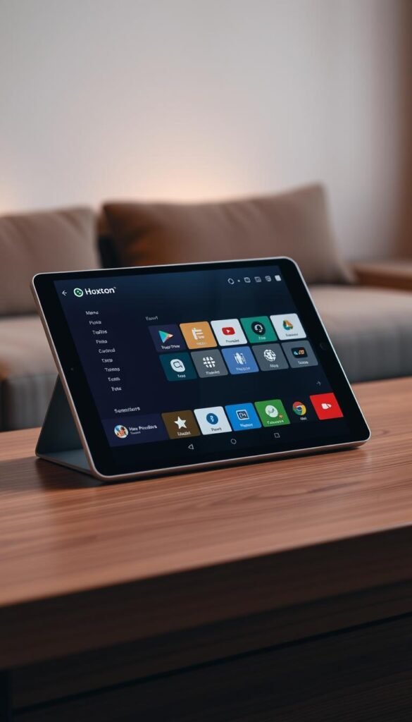 A sleek, modern android tablet resting on a minimalist wooden table, its screen displaying the Hoxtoon Provider IPTV player interface. The tablet is bathed in warm, diffused lighting, creating a cozy, inviting atmosphere. The player's intuitive menu and elegant UI design are prominently featured, showcasing its versatility in supporting a wide range of IPTV formats. The tablet's crisp display and responsive touch capabilities are evident, hinting at a seamless, buffer-free streaming experience.
