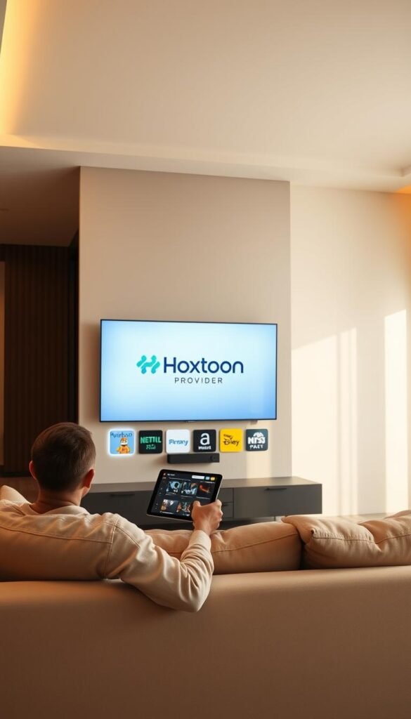 A sleek, modern apartment interior with a large television screen on the wall displaying the Hoxtoon Provider logo. The scene is bathed in soft, warm lighting, creating a cozy and inviting atmosphere. In the foreground, a person sits comfortably on a plush, minimalist sofa, a tablet in hand, browsing IPTV subscription options with no long-term commitment required. The overall composition conveys a sense of simplicity, flexibility, and the freedom to enjoy entertainment on-demand without being tied down by lengthy contracts.