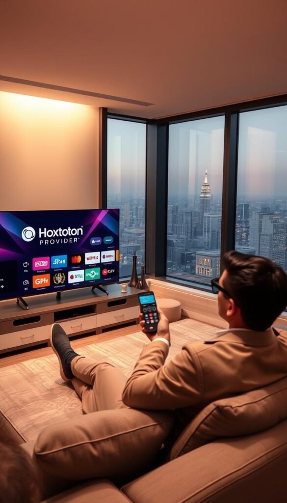 A sleek, modern apartment with a large screen TV displaying the Hoxtoon Provider logo. In the foreground, a stylishly dressed expat relaxes on a plush couch, remote in hand, immersed in a diverse selection of international TV channels and on-demand content. The room is bathed in warm, ambient lighting, creating a cozy, inviting atmosphere. In the background, floor-to-ceiling windows offer a panoramic view of a bustling city skyline, symbolizing the expat's connection to their home country while living abroad. The overall scene conveys the convenience, reliability, and cultural accessibility provided by the specialized Hoxtoon Provider IPTV service for expatriates.
