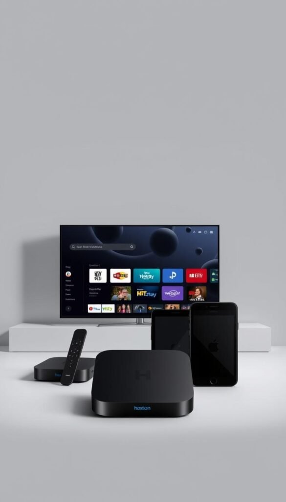 A sleek, modern arrangement of various IPTV devices showcasing the versatility of the Hoxtoon Provider service. A state-of-the-art smart TV, a compact streaming box, a tablet, and a smartphone are artfully displayed against a minimalist, monochromatic background. Soft, directional lighting illuminates the devices, highlighting their sophisticated designs and intuitive interfaces. The scene conveys a sense of seamless, multi-device connectivity and the ease of accessing Hoxtoon's extensive content library across a range of platforms.