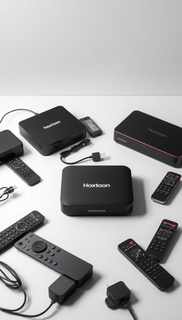 A sleek, modern arrangement of various IPTV streaming devices, including a Hoxtoon Provider box, remote controls, and accessories, set against a minimalist background. The devices are depicted in a well-lit, high-resolution scene with a focus on their clean, sophisticated design and connectivity features. The layout emphasizes the multi-device support and seamless integration of the Hoxtoon IPTV service, showcasing its versatility and user-friendly experience.