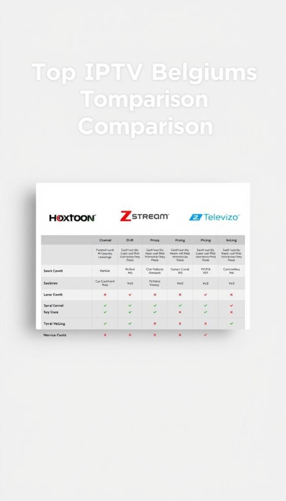 A sleek, modern comparison chart displayed on a minimalist, light-gray background. In the foreground, three IPTV provider logos - Hoxtoon Provider, Zstream, and Televizo - are prominently featured, their design and arrangement creating a balanced, professional layout. The middle ground showcases a grid of detailed service comparisons, such as channel count, DVR capabilities, and pricing, allowing for an easy side-by-side evaluation. The background features subtle grid lines and geometric shapes, adding depth and a sense of technology. The overall tone is clean, informative, and visually appealing, perfectly suited to illustrate the "Top IPTV Belgium Providers Comparison" section.