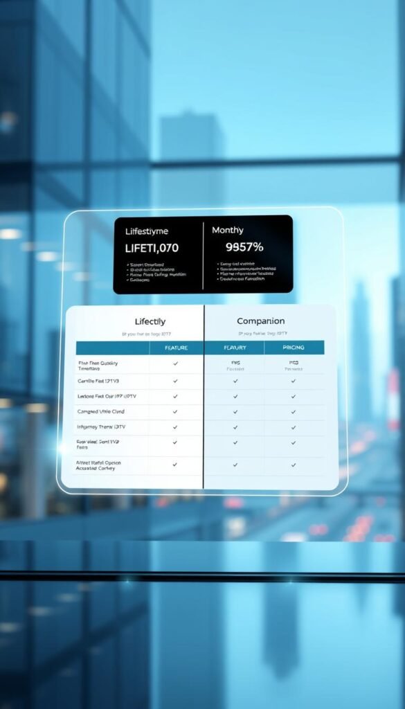 A sleek, modern comparison chart showcasing IPTV subscription deals from the Hoxtoon Provider. In the foreground, a floating holographic display presents side-by-side details of lifetime and monthly plans, highlighting features, pricing, and value propositions. The middle ground features a clean, minimalist interface with intuitive icons and infographics, guiding the viewer through the key differences. The background is a softly blurred cityscape, conveying a sense of technological progress and connectivity. Lighting is cool-toned and crisp, with subtle lens flares adding depth and a premium feel. The overall mood is one of informed decision-making, empowering the viewer to compare IPTV options at a glance.