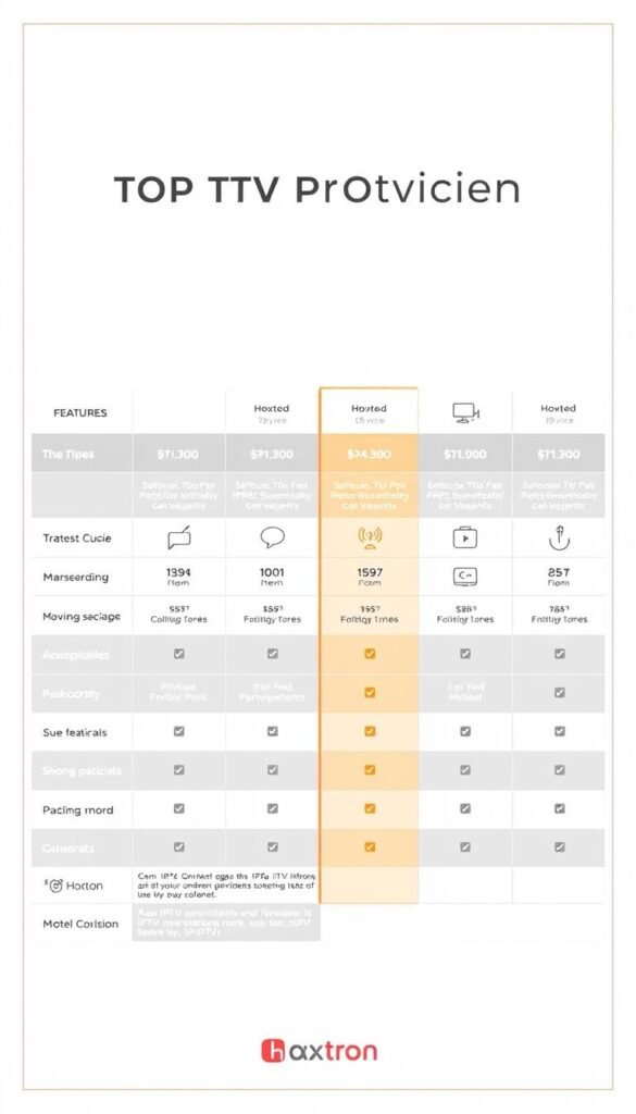 A sleek, modern comparison chart showcasing the key features and pricing of top IPTV providers, including the Hoxtoon Provider. The chart is set against a clean, minimalist background with subtle grid lines and elegant typography. In the foreground, crisp icons and infographic elements neatly illustrate the providers' offerings. The overall aesthetic is professional, data-driven, and designed to help users make an informed decision. Captured with a high-quality camera lens, the image has a sharp focus and balanced lighting that highlights the comparative information.