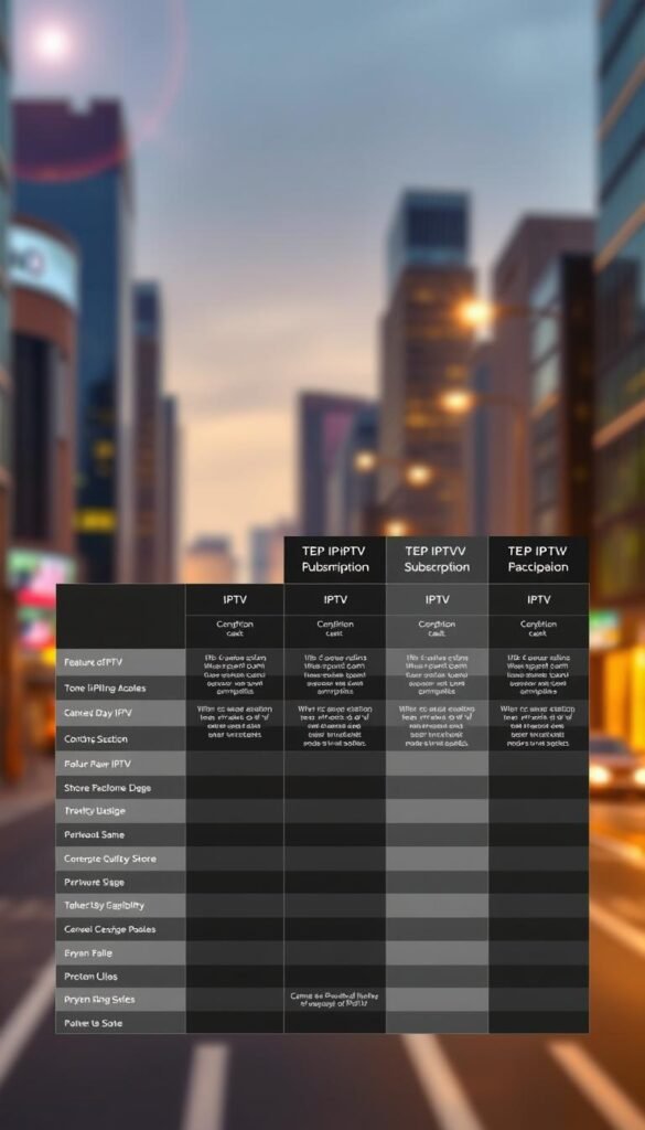 A sleek, modern comparison chart showcasing the top IPTV lifetime subscription packages from the Hoxtoon Provider in the UK. The chart occupies the foreground, with clean lines, bold typography, and concise feature breakdowns for each plan. Behind it, a blurred cityscape backdrop evokes the urban technology landscape. Subtle lens flare and warm lighting create a premium, professional atmosphere. The overall composition strikes a balance between informative clarity and visual appeal, designed to highlight the key details of these IPTV offerings.