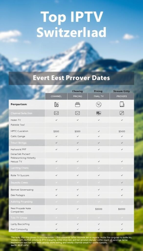 A sleek, modern comparison chart showcasing the top IPTV providers in Switzerland. In the foreground, a clean grid layout highlights key features like channel selection, pricing, and streaming quality for the Hoxtoon Provider and its competitors. The middle ground features minimalist icons and infographic elements, while the background depicts a Swiss alpine landscape with snowy peaks and lush, rolling hills. The overall aesthetic is professional, data-driven, and evocative of the Swiss market. Crisp lighting and a subtle depth of field draw the viewer's attention to the crucial comparison details.