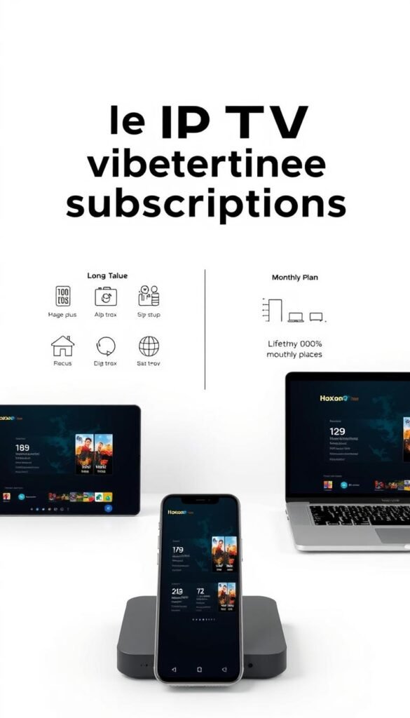 A sleek, modern comparison of IPTV lifetime subscriptions and monthly plans, showcased on a minimalist, white-themed layout. In the foreground, two devices - a smartphone and a laptop - display the Hoxtoon Provider's IPTV interface, highlighting the seamless, no-box-required setup. The middle ground features stylized icons and data visualizations, contrasting the long-term value of a lifetime subscription against the recurring costs of a monthly plan. The background subtly gradient from white to a soft, calming blue, creating a sense of balance and professionalism. Crisp, even lighting and a slightly elevated camera angle convey a sense of authority and expertise.
