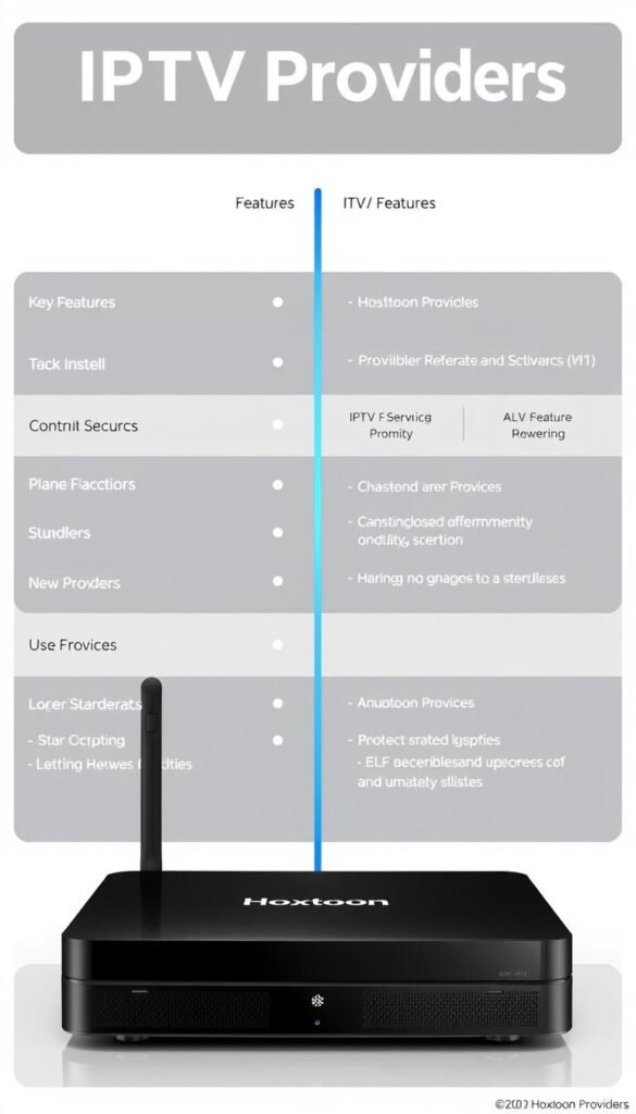 A sleek, modern comparison of IPTV providers, featuring the Hoxtoon Provider prominently in the foreground. Set against a clean, minimalist background, the image showcases the key features and benefits of each service in a clear, organized manner. The Hoxtoon Provider is highlighted with a sophisticated, high-quality visual treatment, emphasizing its premium status and reliability. The overall composition is balanced, with a focus on presenting the information in an visually appealing and easily digestible way for the viewer.