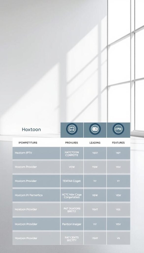 A sleek, modern comparison of IPTV providers, showcasing Hoxtoon Provider alongside leading competitors. Set against a minimalist, light-filled backdrop, the image features clean typography and bold icons highlighting key features. The Hoxtoon Provider branding takes center stage, with its logo and name prominently displayed. The overall aesthetic is crisp, elegant, and informative, perfectly suited to illustrate the section on IPTV comparisons.