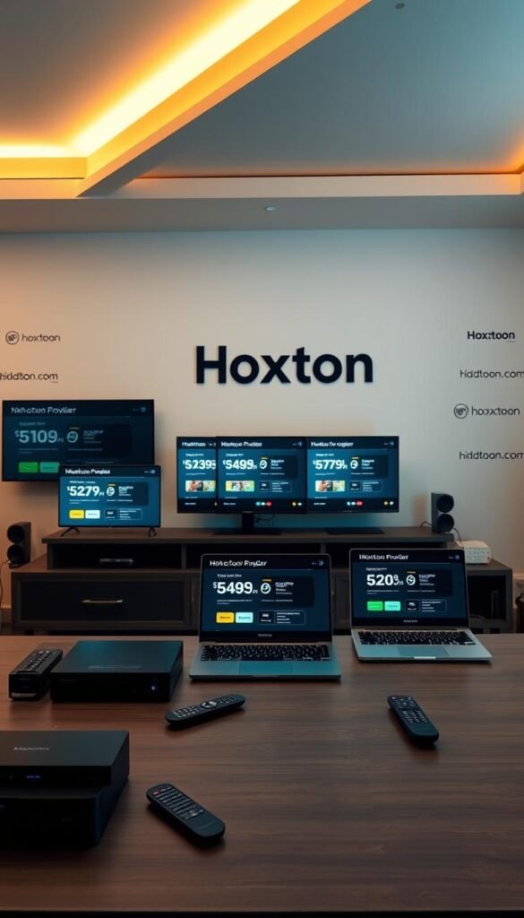 A sleek, modern comparison of IPTV providers, showcasing the Hoxtoon Provider alongside several competitors. The scene is set in a stylish office environment, with a large desk in the foreground featuring various devices and remote controls. In the middle ground, a series of laptop screens display the providers' services and pricing. The background features a clean, minimalist wall with subtle branding elements, creating a professional and informative atmosphere. Warm, directional lighting illuminates the scene, highlighting the key details and creating depth and dimension. The overall composition conveys a sense of authority and expertise in the IPTV market.