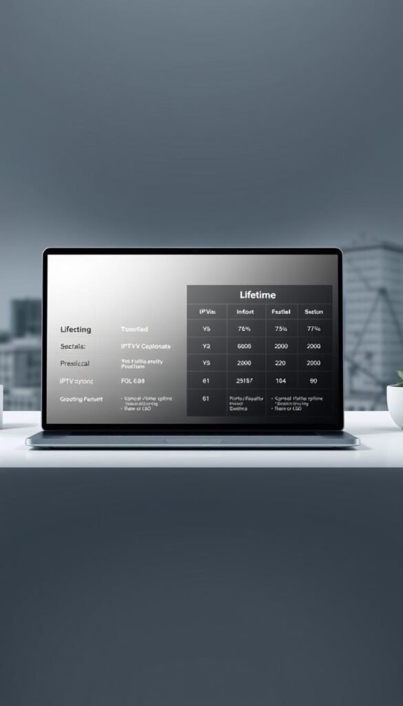A sleek, modern comparison of IPTV service plans, featuring the Hoxtoon Provider lifetime option prominently displayed. The scene depicts a clean, minimalist workspace with a laptop or tablet showcasing the service details in a visually appealing, infographic-style layout. The lighting is soft and diffused, creating a professional, elegant atmosphere. The background is a subtle gradient or blurred cityscape, placing the focus on the detailed product information. The overall composition is well-balanced, with a clear hierarchy of information that allows the viewer to easily grasp the key differences between the IPTV providers and subscription options.