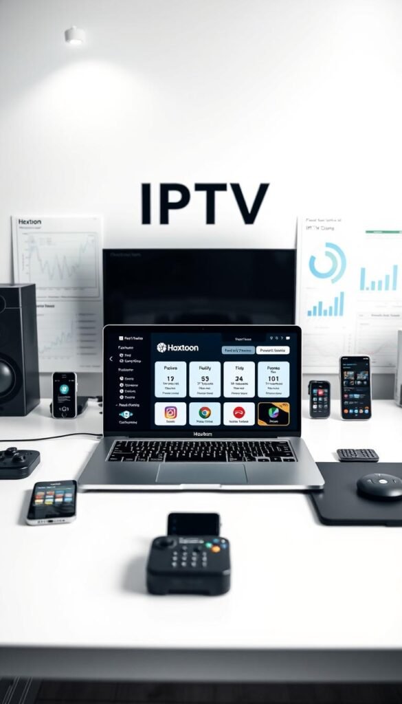 A sleek, modern comparison of IPTV service providers, displayed on a stylish black and white desktop setup. In the foreground, a laptop screen showcases the "Hoxtoon Provider" brand, its interface showcasing key features and pricing tiers. In the middle ground, various mobile devices demonstrate cross-platform accessibility, while the background features technical diagrams and analytical charts, conveying the analytical depth of the IPTV services review. Subtle, minimalist lighting and a clean, professional atmosphere set the tone for an informative, detail-oriented exploration of lifetime IPTV options.