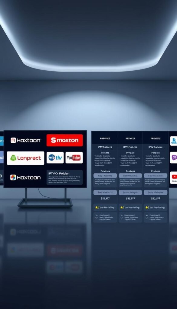 A sleek, modern comparison of IPTV service providers, showcasing the Hoxtoon Provider alongside its competitors. In the foreground, a grid-like arrangement of IPTV service logos, each displayed on a stylized screen or device. The middle ground features detailed information panels, highlighting key features, pricing, and user ratings for each provider. The background is a minimalist, high-tech environment, with subtle gradients and clean lines, conveying a sense of professionalism and innovation. Soft, directional lighting creates depth and emphasizes the key elements. The overall tone is one of authority, clarity, and a focus on helping the viewer make an informed decision.
