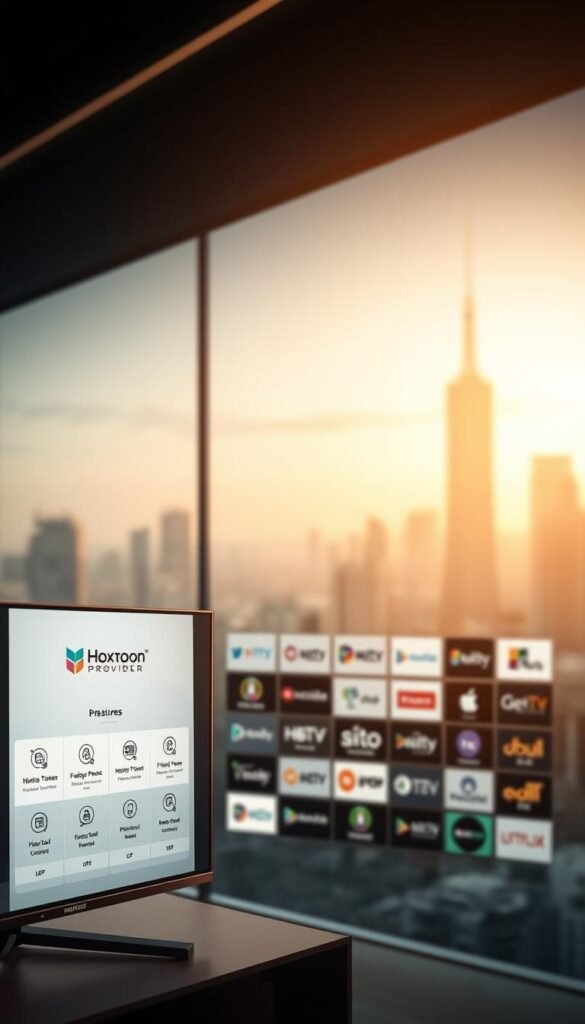 A sleek, modern comparison of IPTV services in 2025, showcasing a range of providers and their offerings. In the foreground, a stylized display shows the Hoxtoon Provider logo and key features, with detailed icons and infographics. The middle ground features a grid-like layout of various IPTV service providers, each with distinct branding and visuals. The background is a softly blurred cityscape, conveying a sense of urban connectivity and technological advancement. The lighting is warm and inviting, with a touch of futuristic elegance. The overall composition creates a visually compelling and informative illustration of the IPTV landscape in 2025.