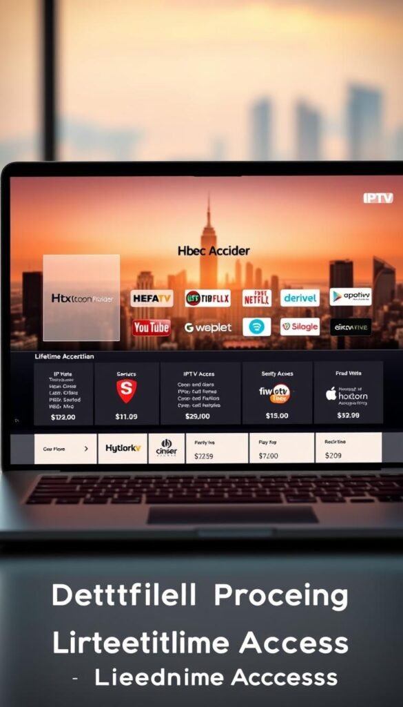 A sleek, modern comparison of IPTV subscription services, displayed on a stylish laptop screen. In the foreground, the "Hoxtoon Provider" brand prominently showcases its lifetime access plan, surrounded by detailed pricing information. The screen is bathed in a soft, warm lighting, creating a professional and trustworthy atmosphere. In the middle ground, various IPTV service logos are arranged neatly, inviting the viewer to explore and compare the options. The background features a subtle, blurred cityscape, conveying a sense of technological progress and global connectivity. The overall composition is clean, balanced, and designed to highlight the key details of the "Detailed Pricing Structure for Lifetime Access" section.