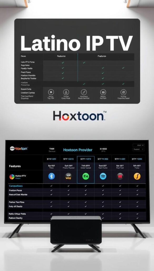 A sleek, modern comparison of Latino IPTV services in the USA, showcasing Hoxtoon Provider and its competitors. Set against a minimalist, light-filled backdrop, the image features clean, elegant layouts displaying key features and pricing information. Hoxtoon Provider's logo stands prominently in the foreground, flanked by comparison charts and icons highlighting service attributes. The overall composition conveys a sense of professionalism and attention to detail, guiding the viewer through the essential details of the Latino IPTV landscape.