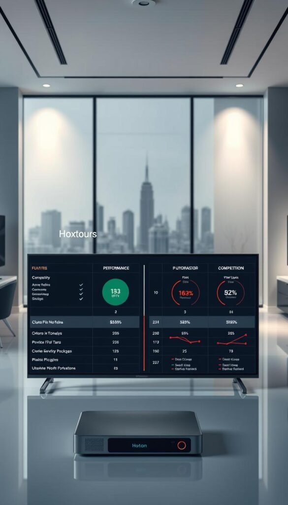 A sleek, modern comparison of leading IPTV providers, showcasing the Hoxtoon Provider service prominently in the foreground. The scene is set in a sophisticated, minimalist office environment, with clean lines, neutral tones, and strategic lighting that highlights the key features and offerings of each IPTV option. In the middle ground, detailed charts and graphs illustrate the performance metrics, pricing, and service packages of the competitors, allowing viewers to make an informed decision. The background features a subtle cityscape, hinting at the global reach and versatility of these IPTV solutions. The overall tone is one of professionalism, innovation, and consumer-centric transparency.