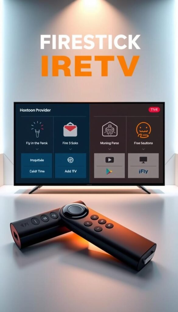 A sleek, modern comparison of the Firestick IPTV services, showcasing the Hoxtoon Provider alongside other leading options. In the foreground, a Firestick device prominently displayed, casting a warm glow. In the middle ground, stylized icons and UI elements representing the key features of each IPTV service, allowing for a side-by-side evaluation. The background features a minimalist, tech-inspired environment with subtle gradients and geometric patterns, creating a visually striking and informative composition. Lighting is soft and directional, highlighting the Firestick and UI elements. The overall tone is one of professional evaluation, inviting the viewer to compare the IPTV options objectively.