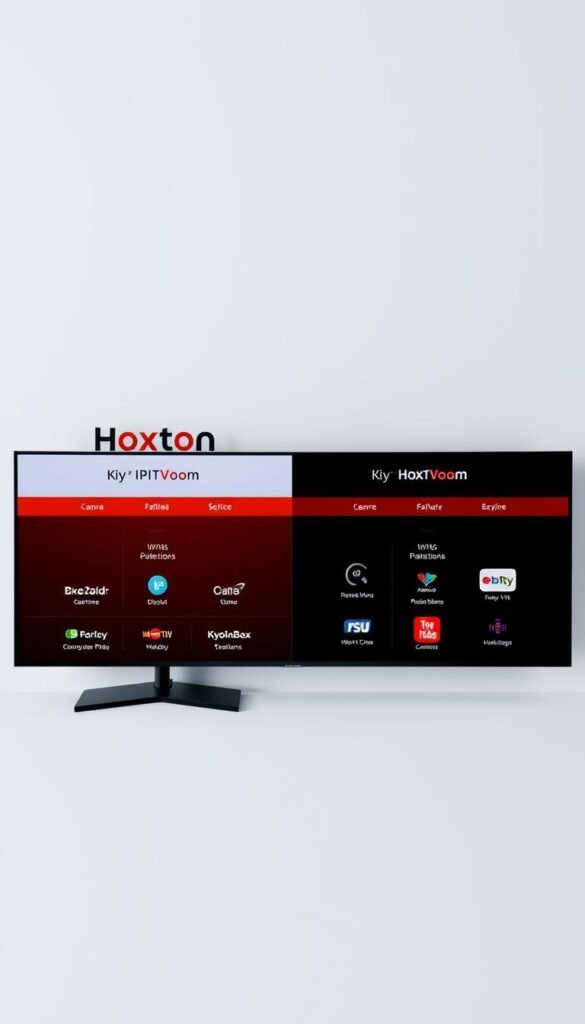 A sleek, modern comparison of the IPTV service providers, showcasing the Hoxtoon Provider alongside its competitors. Set against a clean, minimalist background, the frame captures a sophisticated side-by-side layout, highlighting the key features and offerings of each service. Crisp, high-quality visuals present the providers' logos, interface designs, and channel selections in a visually striking manner, inviting the viewer to explore and compare the options. Subtle lighting and camera angles emphasize the professionalism and attention to detail, creating an informative and visually appealing illustration for the article.