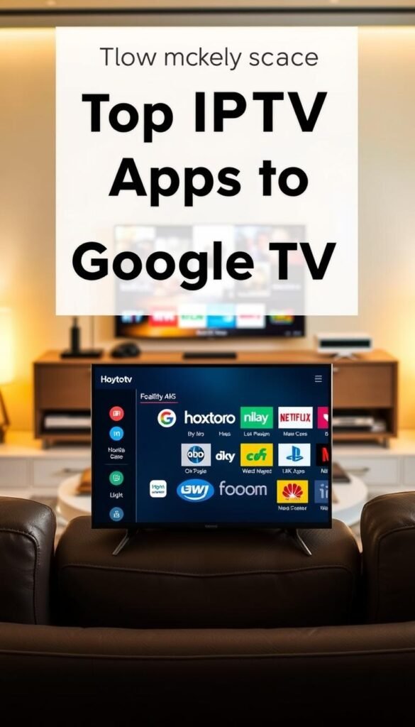 A sleek, modern comparison of top IPTV apps for Google TV, showcasing the Hoxtoon Provider in the foreground. The scene is set in a stylish living room, with a large 4K TV and smart home devices visible in the background. The Hoxtoon app is prominently displayed, flanked by other popular IPTV services, each with their own distinct visual identity. The lighting is warm and inviting, creating a cozy atmosphere. The composition is balanced, drawing the viewer's eye to the central focus - the Hoxtoon Provider and its features. The overall mood is one of informed decision-making, highlighting the key differences and capabilities of the various IPTV options available for Google TV users.