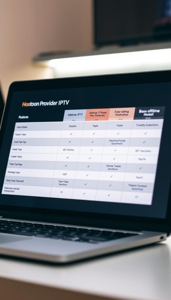 A sleek, modern comparison table displayed on a laptop or tablet screen, showcasing Hoxtoon Provider's lifetime IPTV plans alongside other popular subscription models. The table has clean, minimalist design with clear pricing, feature, and benefit information for each plan. The screen is well-lit from the front, casting a soft glow and creating depth. The background is blurred, putting the comparison table in sharp focus. The overall mood is professional, informative, and inviting, encouraging the viewer to explore the plan options.