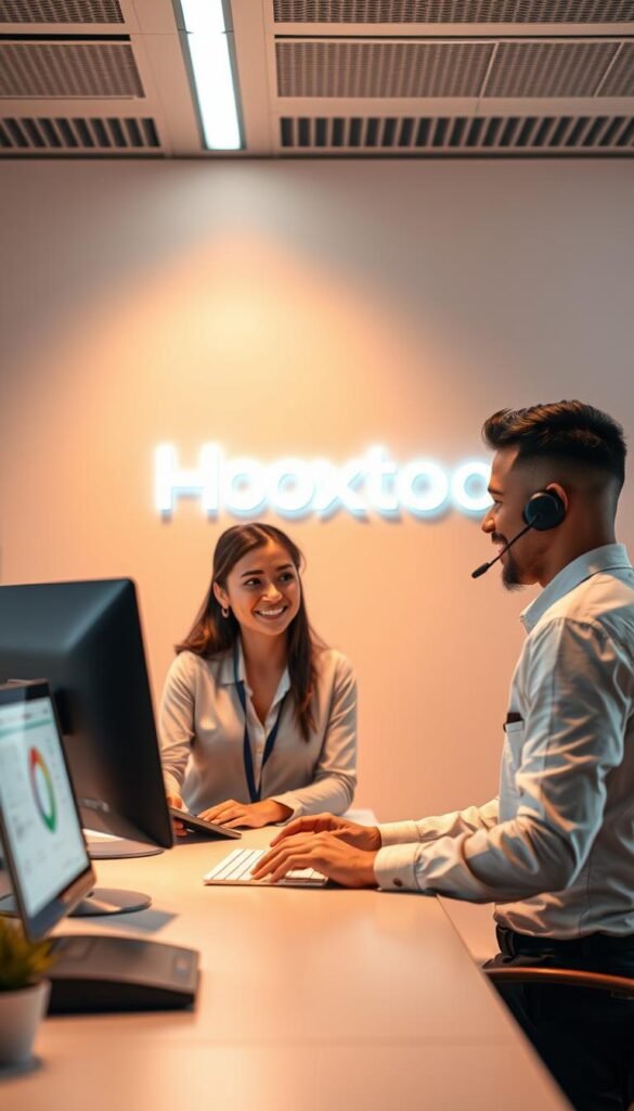 A sleek, modern customer support desk for the Hoxtoon Provider brand, bathed in soft, warm lighting. In the foreground, a knowledgeable and friendly customer service representative assists a customer, their expressions conveying professionalism and attentiveness. The background features Hoxtoon's distinctive branding, with clean lines and a minimalist aesthetic. The overall scene exudes a sense of efficiency, reliability, and a commitment to exceptional customer care.