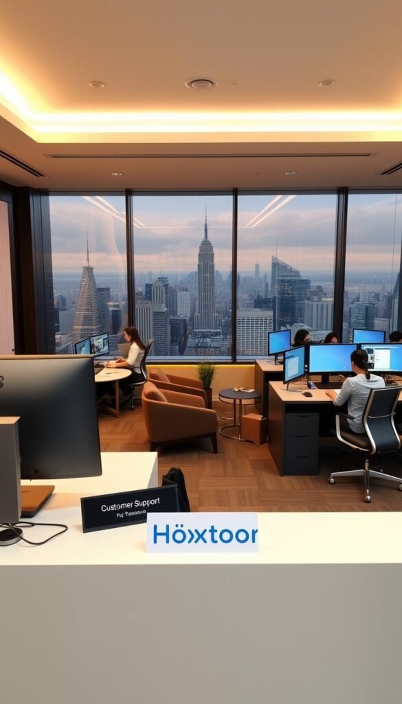 A sleek, modern customer support office for the Hoxtoon Provider brand. In the foreground, a receptionist's desk with a stylish desktop computer and a nameplate displaying "Hoxtoon Customer Support". Behind it, rows of workstations with employees diligently assisting customers over the phone and via video chat. The middle ground features a lounge area with comfortable chairs and a coffee table, where patrons can relax while waiting for assistance. In the background, floor-to-ceiling windows offer a panoramic view of a bustling city skyline, conveying a sense of professionalism and reliability. Warm, indirect lighting creates a welcoming atmosphere, and the color scheme blends neutral tones with accents of the Hoxtoon brand's signature hues.
