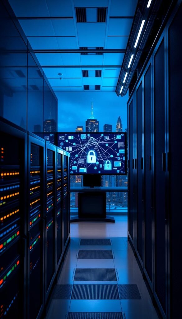 A sleek, modern data center showcasing the security features of the Hoxtoon Provider IPTV service. In the foreground, a high-tech server rack glows with indicator lights, conveying the robust infrastructure that powers the platform. In the middle ground, a network diagram is displayed on a large monitor, illustrating the secure data transmission protocols. The background features a cityscape at night, bathed in a soft, blue-tinted lighting that evokes a sense of trust and reliability. The scene exudes a professional, enterprise-grade atmosphere, highlighting the Hoxtoon Provider's commitment to safeguarding user privacy and data.