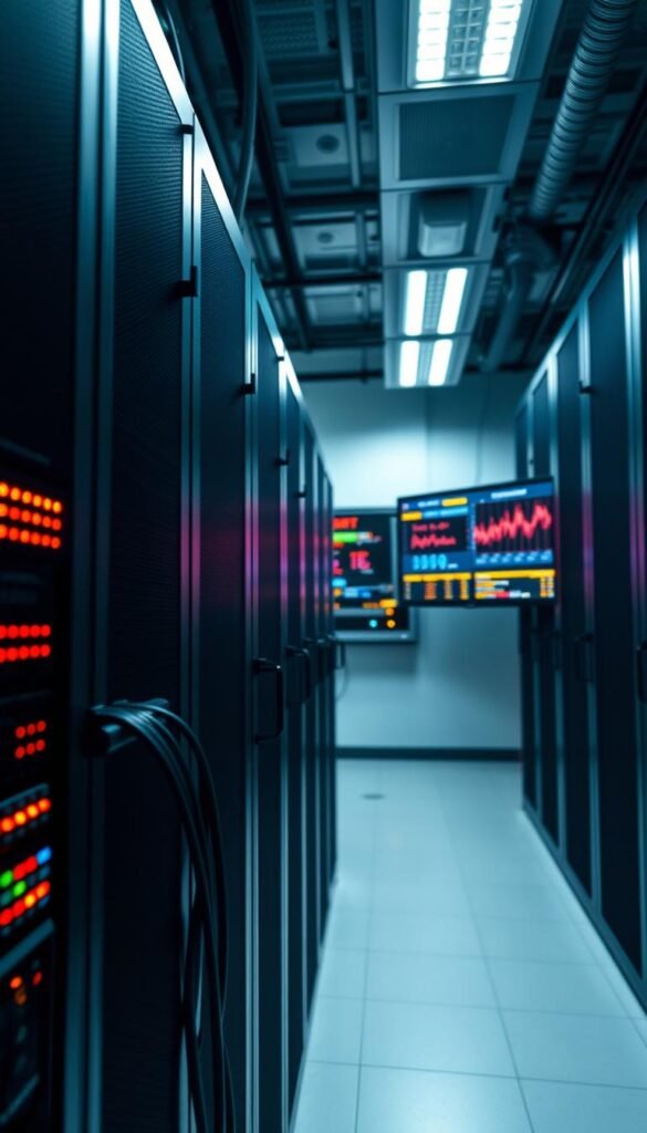 A sleek, modern data center showcasing the technical requirements for optimal IPTV streaming by Hoxtoon Provider. In the foreground, a server rack with blinking indicator lights and cable management. In the middle ground, a network switch with ports and LED status indicators. In the background, a wall-mounted display showing real-time analytics and performance metrics. The scene is illuminated by cool, indirect lighting, creating a professional, high-tech atmosphere. The overall composition conveys the sophisticated infrastructure and attention to detail required for a reliable, high-quality IPTV service.