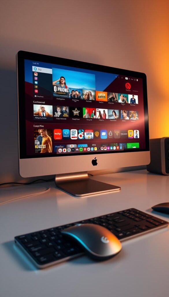 A sleek, modern desktop computer with a large, high-resolution display showcasing the Hoxtoon Provider IPTV player interface. The screen displays a diverse selection of live TV channels and on-demand content, with a clean and intuitive user interface. The computer is situated on a stylish, minimalist desk, bathed in warm, directional lighting that highlights the premium design of the hardware. In the foreground, a wireless mouse and keyboard complement the setup, creating a cohesive and professional-looking workstation ideal for seamless IPTV viewing on a Mac.