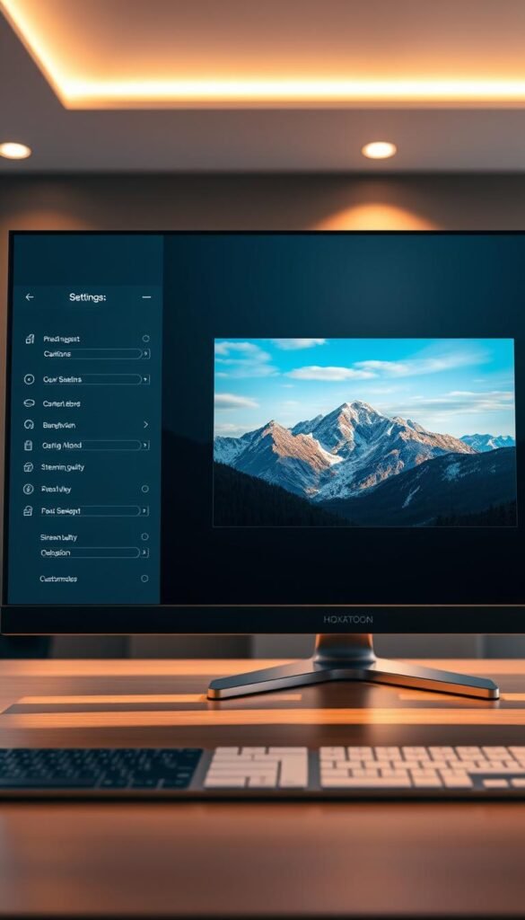 A sleek, modern desktop interface showcasing the Hoxtoon Provider settings optimization menu. The screen is bathed in a soft, warm glow from strategically placed lighting, creating a calming, professional atmosphere. In the foreground, a series of neatly organized settings panels allow for precise customization of network parameters, bandwidth allocation, and streaming quality. The middle ground features a large, high-resolution preview window displaying a vivid, 4K landscape of a scenic mountain vista, demonstrating the optimal visual fidelity achievable with the Hoxtoon Provider's optimized settings. The background subtly blurs out, keeping the focus on the intuitive, user-friendly interface. Every element is rendered in crisp, lifelike detail using a high-quality, photorealistic style.