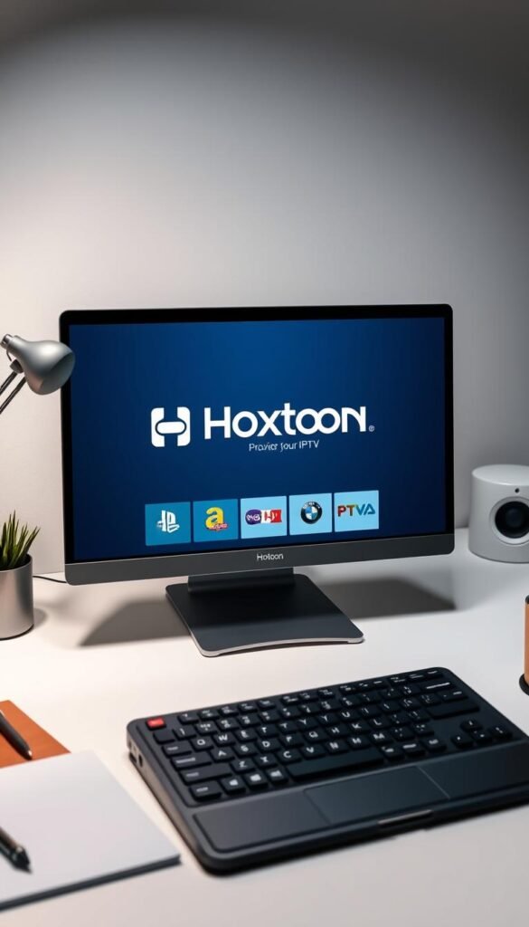 A sleek, modern desktop setup showcasing a laptop or PC screen prominently displaying the Hoxtoon Provider IPTV service. The device is surrounded by a minimalist, well-lit workspace with a stylish desk, office supplies, and subtle branding elements. The lighting is soft and diffused, creating a professional, elegant atmosphere. The composition emphasizes the ease and convenience of accessing IPTV content on a personal computer, inviting the viewer to consider Hoxtoon Provider as a premium IPTV solution for their PC.