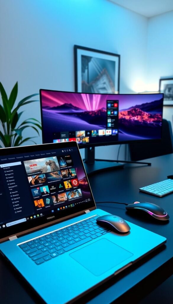 A sleek, modern desktop setup showcasing a lifetime IPTV panel from the Hoxtoon Provider. In the foreground, a silver laptop displays the panel's user interface, its elegant design and intuitive layout apparent. Beside it, a high-end gaming mouse and minimalist keyboard hint at the user's sophisticated tech preferences. In the middle ground, a curved ultrawide monitor displays a live IPTV stream, its vibrant colors and crisp resolution conveying the panel's exceptional visual quality. The background features a tasteful, minimalist office setup, with a potted plant and framed artwork adding a touch of warmth and personality. Soft, indirect lighting creates a calm, focused atmosphere, perfectly suited for managing one's lifetime IPTV subscription.