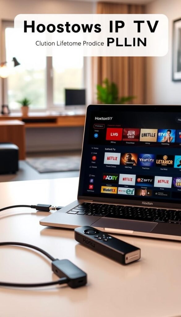 A sleek, modern desktop setup showcasing a lifetime IPTV plan from the Hoxtoon Provider. In the foreground, a laptop or tablet displays the Hoxtoon app interface, highlighting its user-friendly design and a wide selection of live TV channels and on-demand content. In the middle ground, a high-quality cable or streaming device, such as a Roku or Apple TV, connects to the laptop, signifying seamless integration. The background features a stylish home office or entertainment space, with minimalist decor and warm, natural lighting, conveying a sense of comfort and relaxation for optimal IPTV enjoyment.
