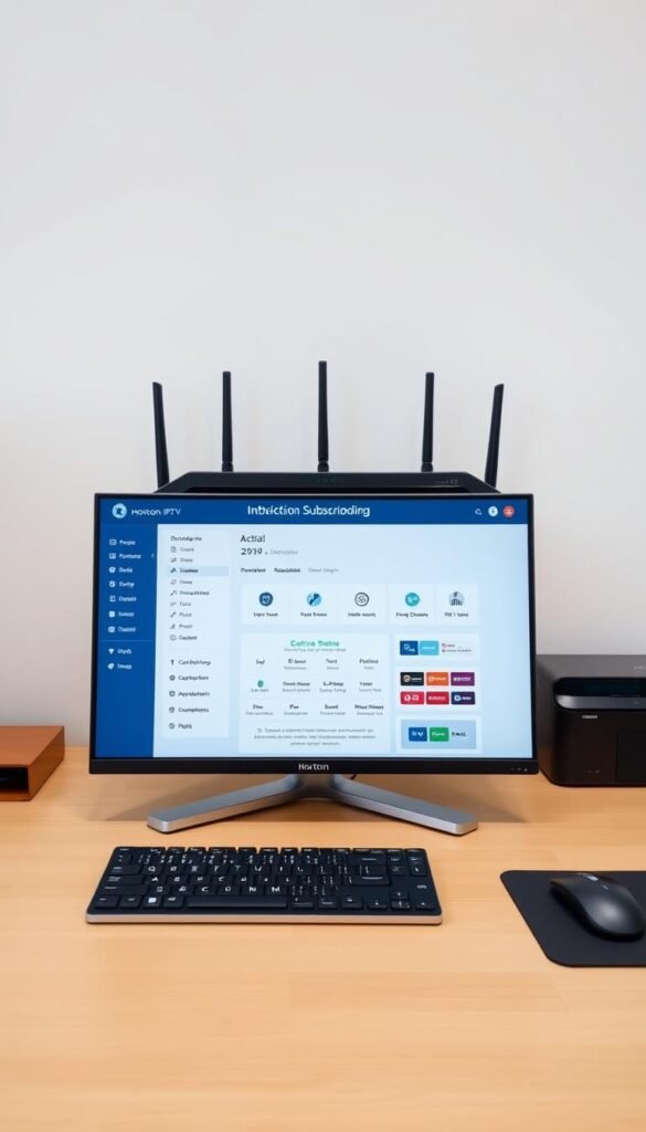 A sleek, modern desktop setup showcasing the Hoxtoon IPTV provider's intuitive subscription management interface. In the foreground, a high-resolution display presents a clean, minimalist dashboard with easy-to-navigate menus for activating and managing the IPTV lifetime subscription. The middle ground features a wireless keyboard and mouse, creating a seamless user experience. In the background, a state-of-the-art router and modem setup ensure a reliable, high-speed internet connection to support the IPTV service. The lighting is soft and even, highlighting the premium quality of the equipment and creating a professional, task-oriented atmosphere.