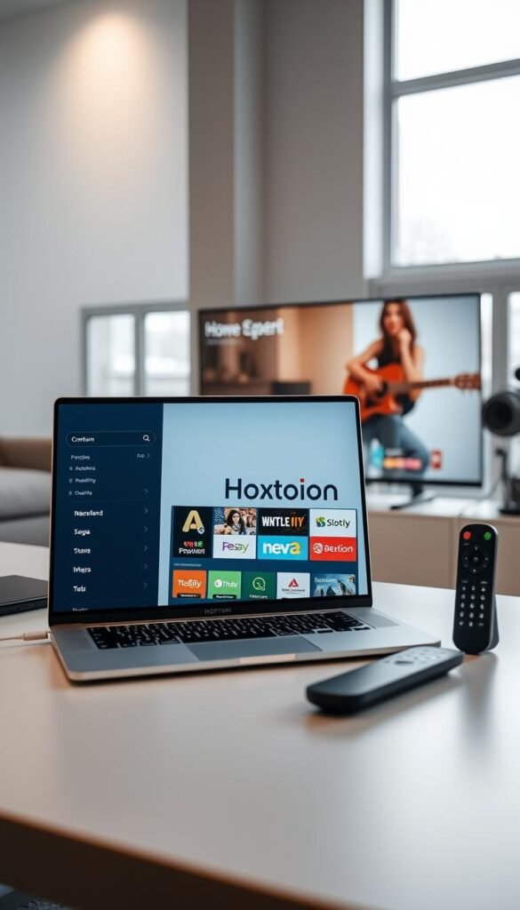 A sleek, modern desktop setup showcasing the Hoxtoon Provider IPTV service. In the foreground, a silver laptop displays a clean and intuitive user interface, highlighting the Hoxtoon logo and various content options. In the middle ground, a wireless remote and a smart TV stand ready, creating an immersive home entertainment experience. The background features a minimalist, well-lit room with large windows, evoking a sense of comfort and sophistication. The lighting is soft and diffused, creating a warm, inviting atmosphere. The overall scene conveys the seamless integration of technology and the reliable, high-quality IPTV service provided by Hoxtoon.