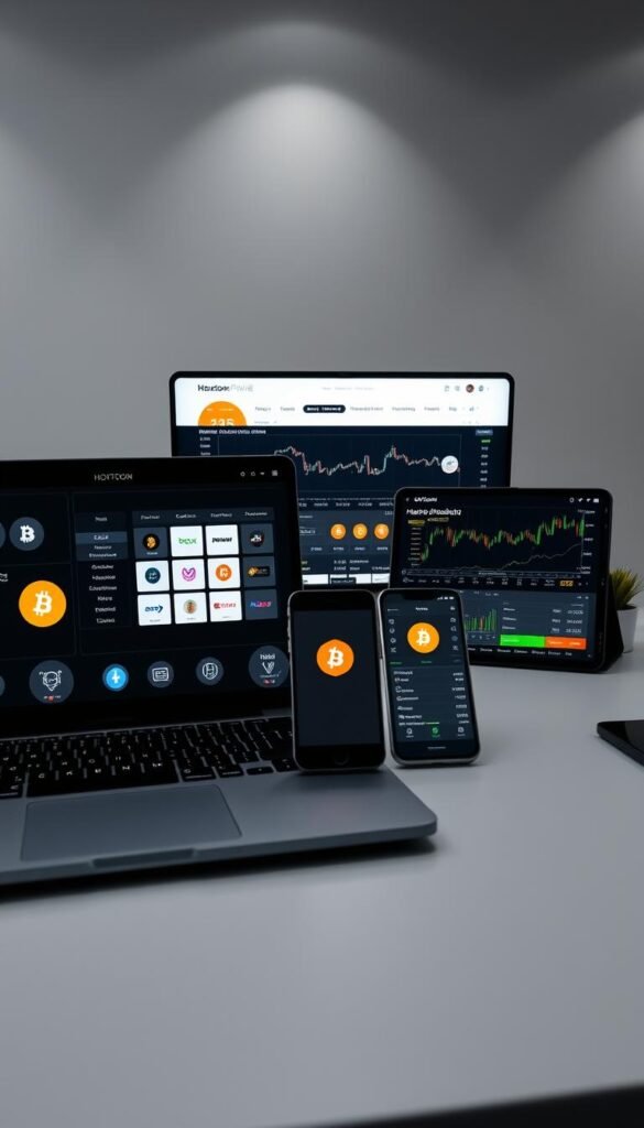 A sleek, modern desktop setup with a laptop, smartphone, and tablet displaying transactions on a Hoxtoon Provider IPTV platform. The foreground features crisp, detailed digital wallets, cryptocurrency logos, and exchange charts. The middle ground showcases the devices seamlessly connected, conveying the secure, streamlined experience of using crypto for IPTV purchases. The background has a minimalist, monochromatic aesthetic with subtle lighting, creating a professional, tech-savvy atmosphere. The overall scene emphasizes the ease and reliability of the Hoxtoon Provider crypto IPTV payment process.