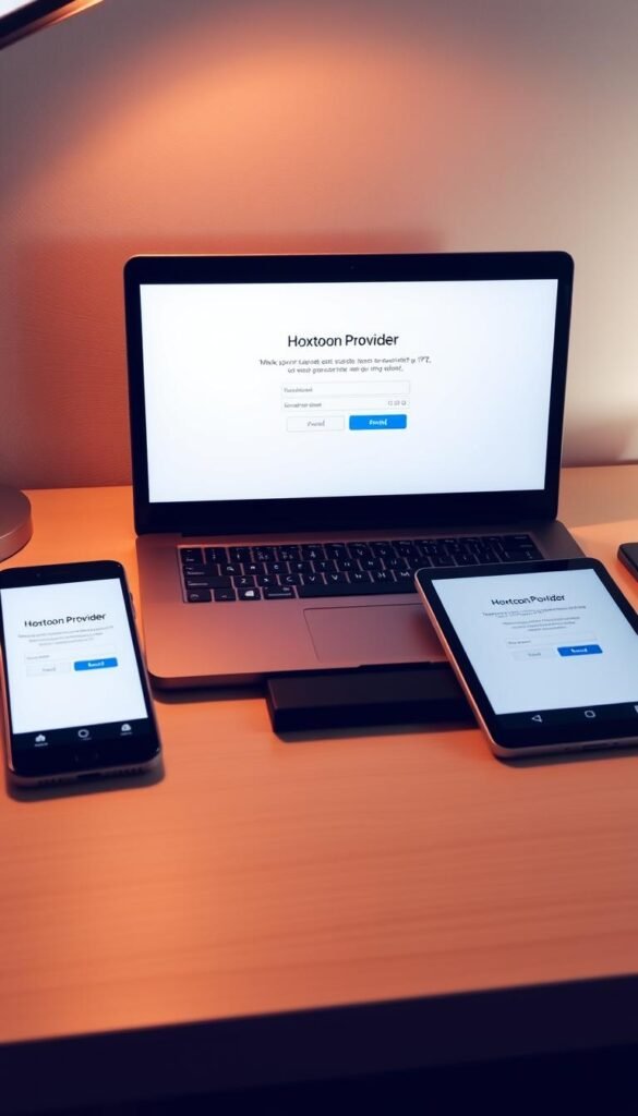 A sleek, modern desktop setup with a laptop, smartphone, and tablet prominently displaying the Hoxtoon Provider activation screen. The laptop screen shows a user-friendly interface guiding the activation process, with clear instructions and intuitive design. The smartphone and tablet screen mirror the laptop, creating a cohesive, seamless experience. Soft, directional lighting from the side casts a warm, professional glow on the scene, emphasizing the technology and attention to detail. The overall mood is one of efficiency, simplicity, and a sense of accomplishment in successfully activating the IPTV service.