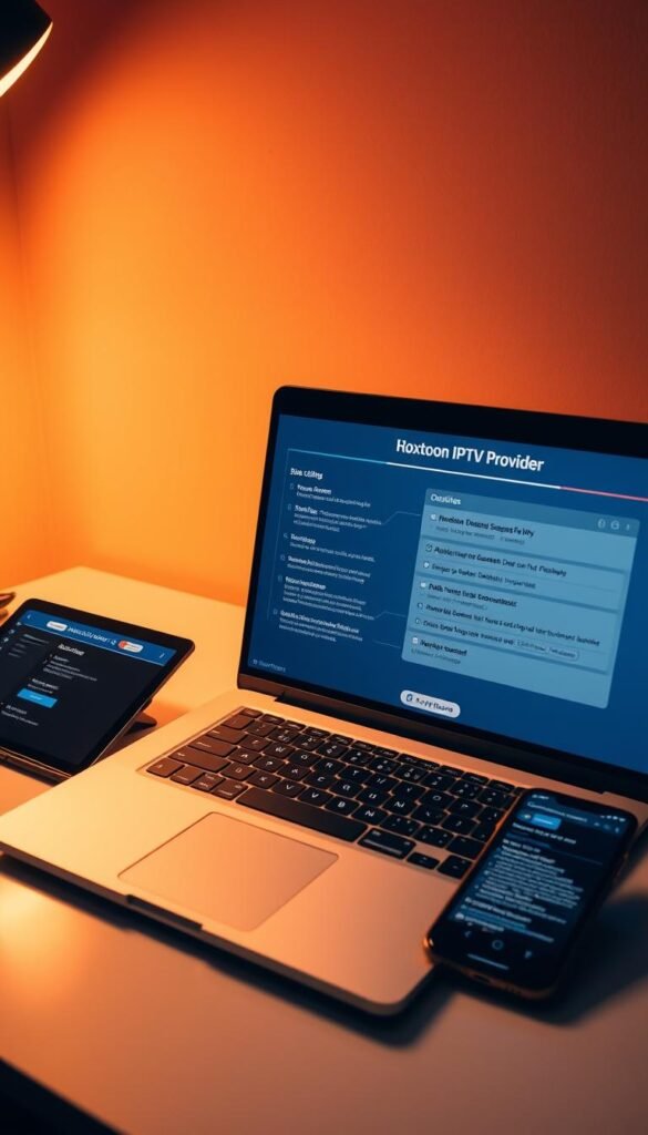 A sleek, modern desktop setup with a laptop, tablet, and smartphone arranged neatly. On the laptop screen, a detailed IPTV setup guide for the Hoxtoon Provider service, showcasing step-by-step instructions and configuration settings. Warm, directional lighting illuminates the scene, creating a professional, informative atmosphere. The device screens display crisp, legible text and intuitive interface elements. The composition emphasizes the ease and simplicity of the Hoxtoon IPTV setup process, inviting the viewer to replicate the scenario.