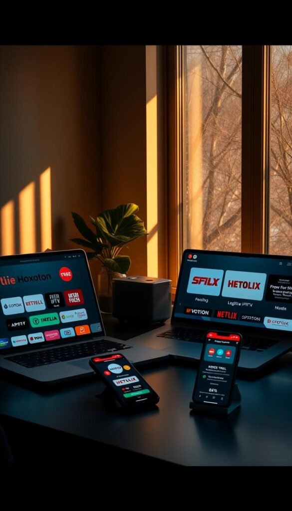 A sleek, modern desktop setup with a laptop, tablet, and smartphone displaying various IPTV trial offers from the Hoxtoon Provider. The scene is bathed in warm, directional lighting from a large window, casting dramatic shadows and highlights. The device screens show a variety of streaming service logos, free trial promotions, and special discounted pricing. The overall atmosphere conveys a sense of accessible, legitimate IPTV access and potential cost savings for the viewer.