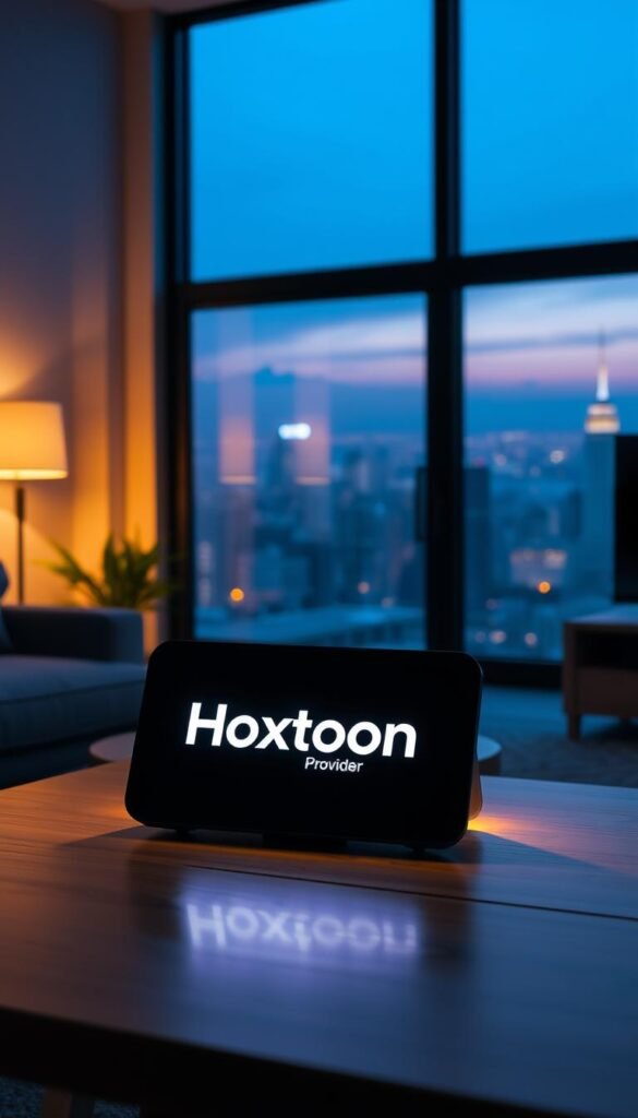A sleek, modern device displaying the Hoxtoon Provider logo, casting a soft glow in a dimly lit room. The device is placed atop a minimalist wooden table, surrounded by a clean, minimalist interior design. The lighting is warm and inviting, creating a cozy, relaxed atmosphere. In the background, a large window offers a scenic view of a bustling city skyline, hinting at the global connectivity enabled by the IPTV lifetime lowprice subscription service. The overall composition conveys a sense of technological advancement, affordability, and the convenience of accessing a world of entertainment from the comfort of one's home.
