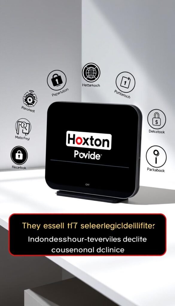 A sleek, modern device displaying the Hoxtoon Provider logo, surrounded by various IPTV service details and security icons. The device is set against a stylish, minimalist backdrop, with soft, directional lighting casting subtle shadows. The overall composition conveys a sense of reliability, professionalism, and trustworthiness, highlighting the importance of identifying legitimate IPTV providers to avoid scams.