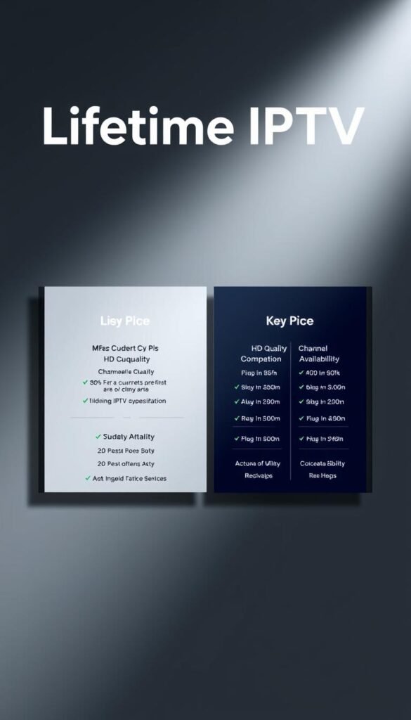 A sleek, modern digital display showcasing the lifetime IPTV subscription plans from Hoxtoon Provider. The foreground features elegant tiles outlining the various plan options, their pricing, and key features like HD quality, channel availability, and device compatibility. The background has a subtle gradient effect, creating depth and a premium feel. Lighting is soft and diffused, highlighting the plan details in a clear and visually appealing manner. The overall composition conveys a sense of professionalism, reliability, and value for the lifetime IPTV subscription service.