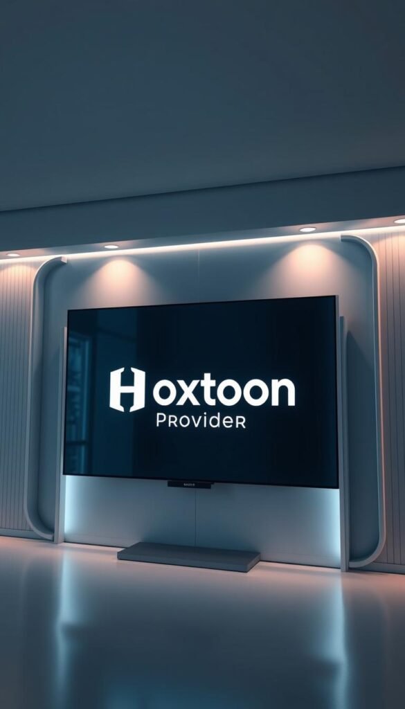 A sleek, modern digital screen display showcasing the "Hoxtoon Provider" brand logo, prominently featured in the center. The screen is surrounded by a minimalist, high-tech interface with clean lines and a sophisticated color palette of blues and grays, conveying a sense of advanced technology and premium quality. The lighting is soft and diffused, creating a warm, inviting atmosphere. The overall composition suggests a visually striking and visually appealing representation of a leading Arabic IPTV service provider.