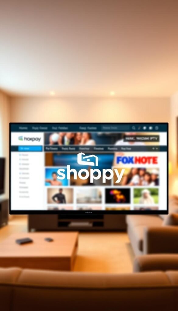 A sleek, modern e-commerce website for the Hoxtoon Provider IPTV service, featuring a clean and intuitive user interface. The Shoppy store logo is prominently displayed, with the website navigation bar and product listings visible in the middle ground. The background is a softly blurred scene of a living room, conveying a sense of comfort and reliability. The lighting is warm and diffused, creating a welcoming atmosphere. The overall impression is one of a secure, trustworthy platform for purchasing IPTV subscriptions.