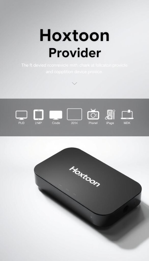 A sleek, modern electronic device with the "Hoxtoon Provider" brand prominently displayed in a clean, minimalist design. The device is positioned in the foreground, surrounded by a soft, diffused lighting that creates a sense of depth and emphasis. The middle ground features various compatible device icons and symbols, neatly arranged to showcase the device's versatility. The background is a subtle, gradient-based pattern that complements the overall aesthetic, creating a visually striking and informative composition.